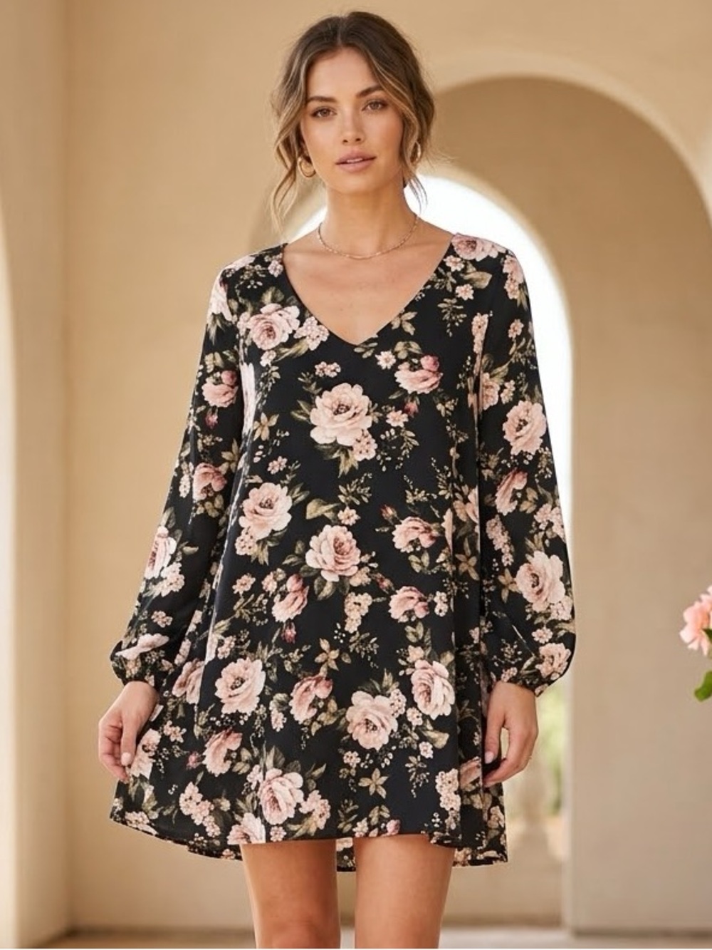 Show Me Your Mumu Donnie Floral Mini Dress Roses Cloud Long Sleeve XS